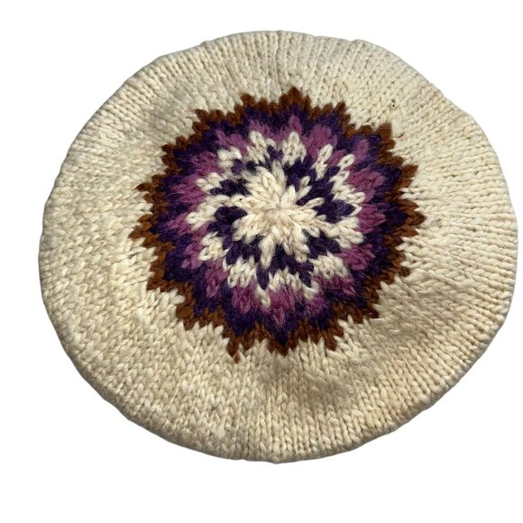 Hand knit plum brown wool Fair Isle design wool beret hat - Picture 1 of 5